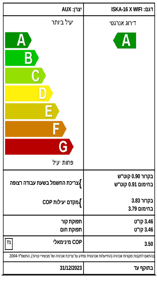 דירוג אנרגטי A למזגן ISKA-16 X WIFI